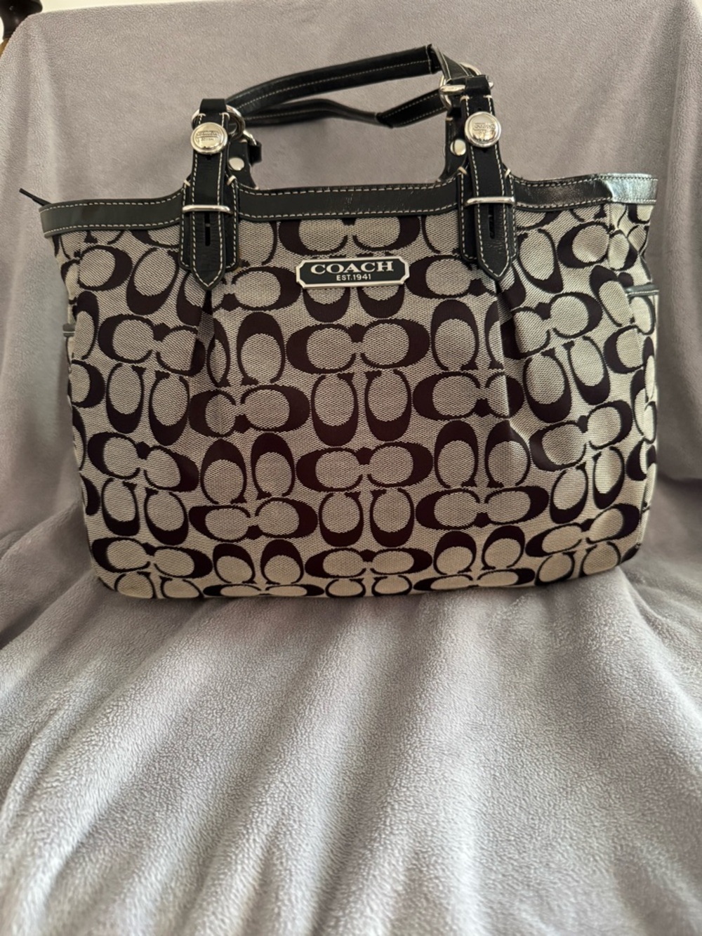 Coach 2011 Black Gallery Legacy Signature Canvas Zip Top Tote